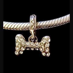 925 Sterling Silver Italian Made White Crystal Dog Bone Bracelet *Charm Only*